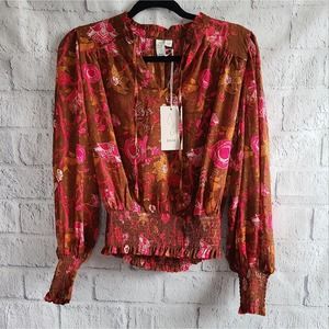 Joie Floral Brown And Pink Balloon Sleeve Blouse NWT SZ S